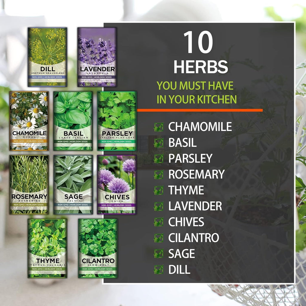 10 Kit Non-GMO Growing into Thyme, Lavender, Chamomile, Dill, Chives, Cilantro, Rosemary, Basil, Parsley, Sage Indoor/Outdoor for Kitchen Windowsill Gardening Gift