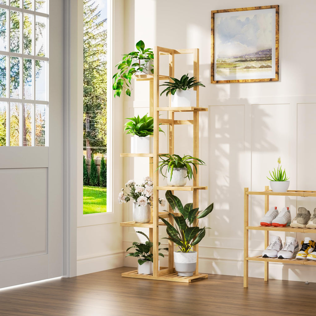 ROMGUAR CRAFT 6 Tier Bamboo Plant Stand Indoor, Wood Tall Flower Holder Corner Tiered Plant Shelf for Multiple Plants (Natural)