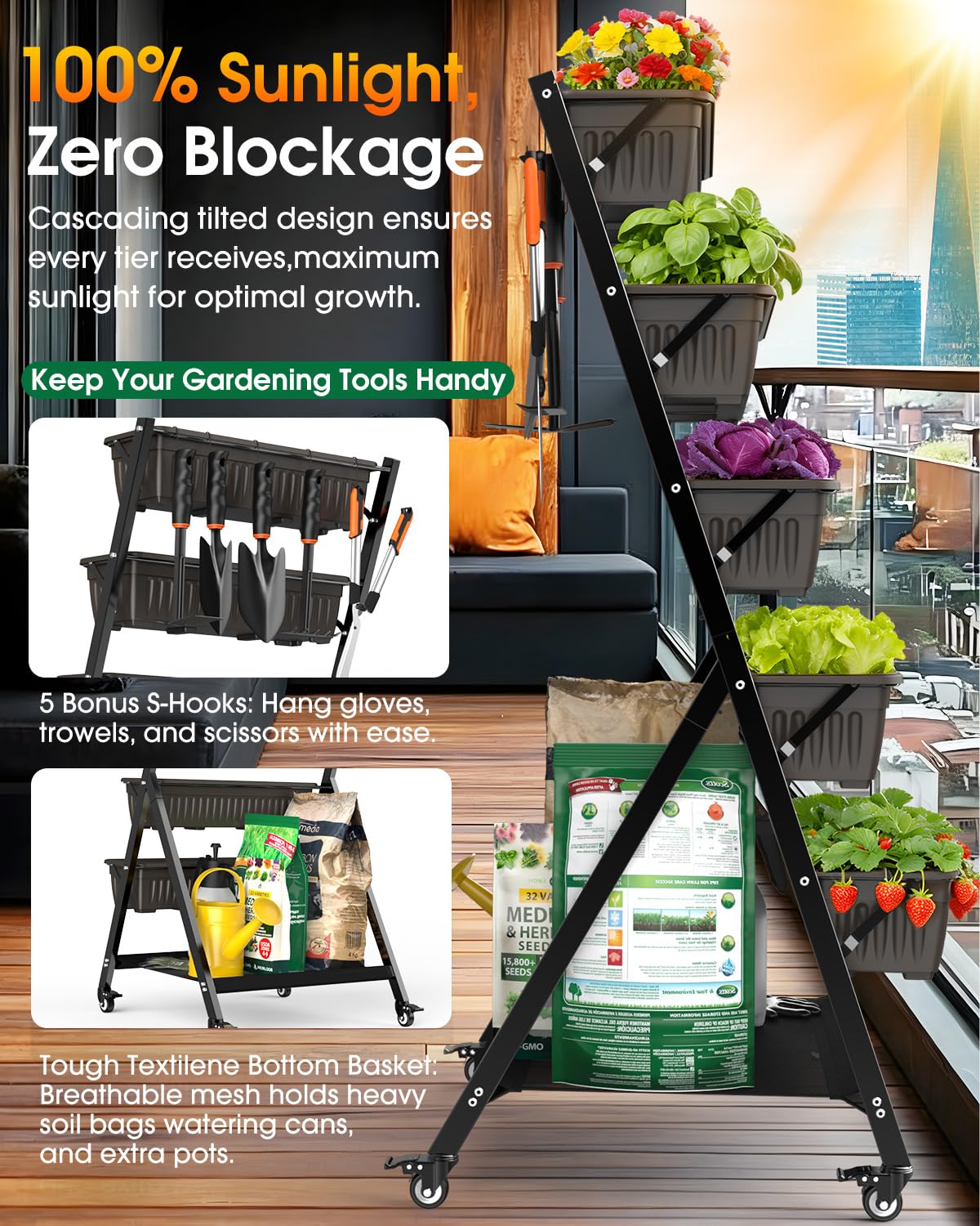 Olaiti 5-Tier Vertical Garden Bed Planter Boxes with Wheels, Drainage System & Storage Space, Mobile Vertical Garden Planter with 5 S-Hooks for Plants Vegetables Flowers Herbs in Garden Patio Yard
