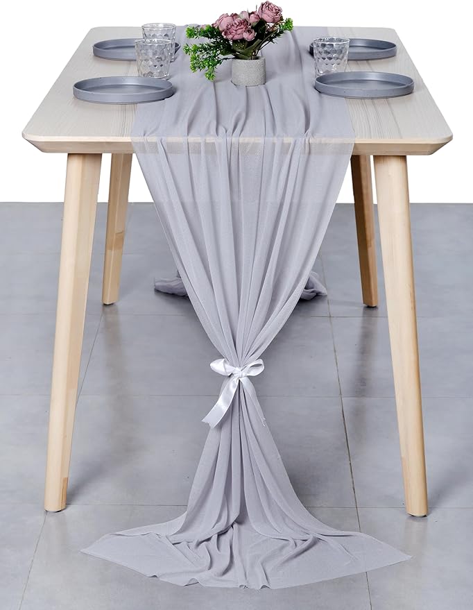 MDS 2 Pack 14ft Chiffon Table Runner 29 x 170 Inches Sheer Wedding Runner Romantic Rustic Table Runner for Wedding Decorations, Birthday Parties, Bridal Shower Party Arch Decor - Cool Gray