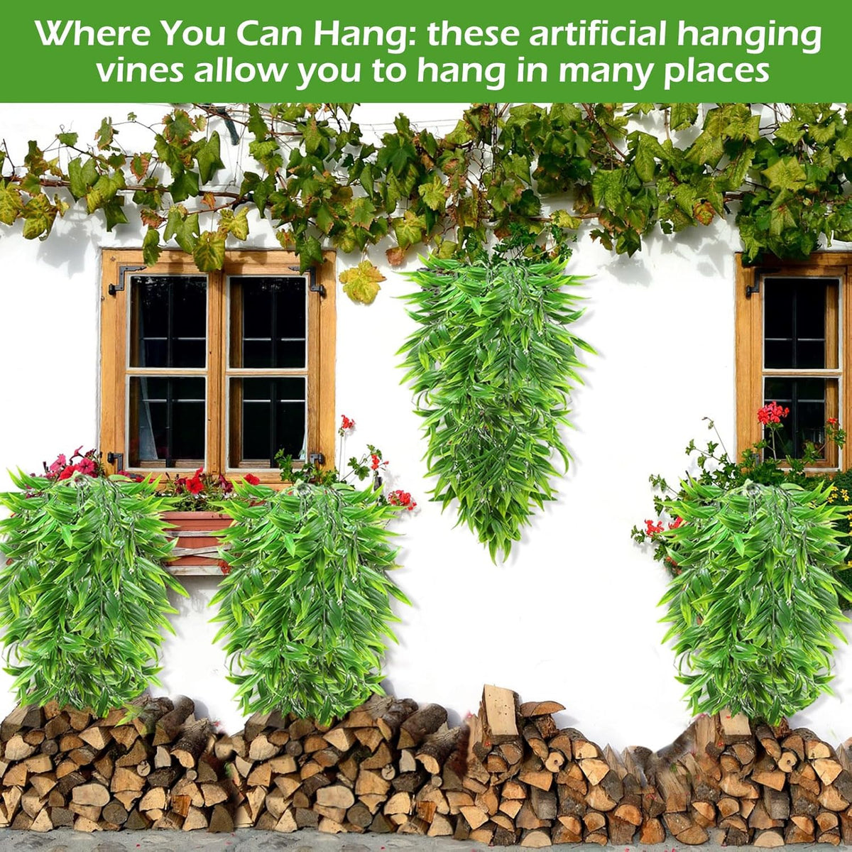 Hoteam 12 Pcs Artificial Hanging Plants 32 Inch Fake Ivy Vines with Fake Leaves Patio Artificial Plants Greenery for Living Room Indoor Outdoor Wall, No Basket (Bamboo Leaf)