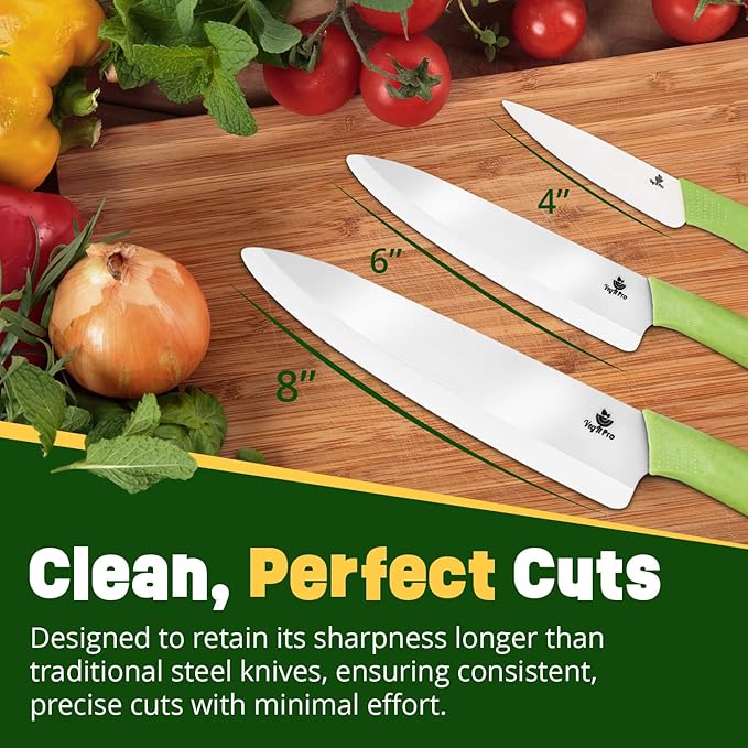 Ceramic Knife Set with Ergonomic Handle, Non-Reactive and Professional Chopping Knife Featuring Sharp, Santoku Blades for Cutting Vegetables & Fruits, Ceramic Kitchen Knives Set of 3 - 6”, 4”, 8”