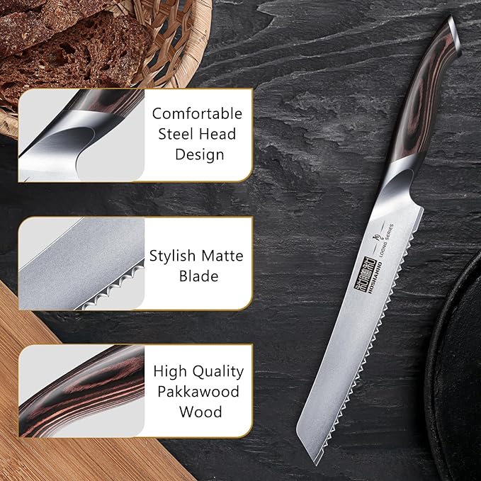 Bread Knife 8 inch, Japanese High Carbon Stainless Steel Serrated Bread Knife, Professional Bread Cutting Knife for Homemade Bread