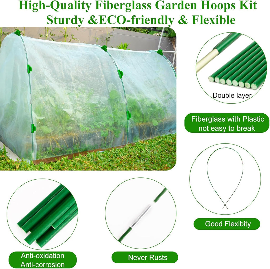 Garden Mesh Netting Kit,10 x 30FT Ultra Fine Netting with 6 Sets Fiberglass Garden Hoops for Raised Beds Vegetable Plants Fruits Greenhouse Row Cover Birds Animals Barrier Protection Net
