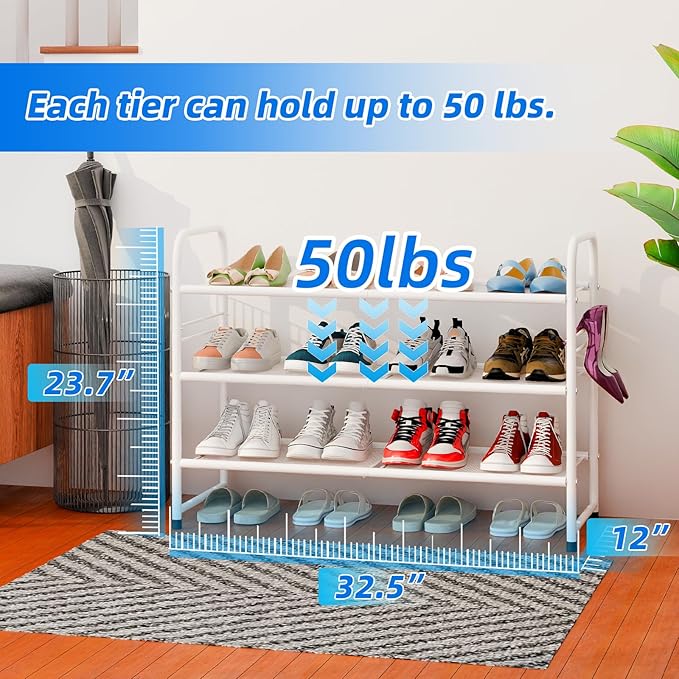 SUFAUY 3-Tier Mesh Shoe Rack, Closet Metal 33" Wide Shoe Rack Organizer Heavy Duty, White