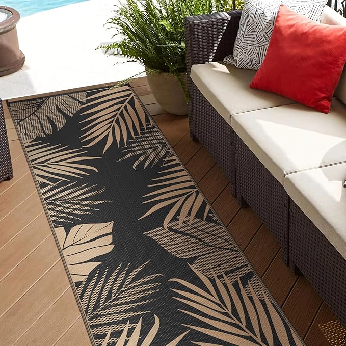GENIMO Outdoor Rug 2.5' x 8' Waterproof for Patios Clearance, Reversible Outdoor Plastic Straw Camping Rug Carpet, Large Area Rugs Mats for RV, Camper, Deck, Balcony, Porch, Beach, Picnic, Black&Brown