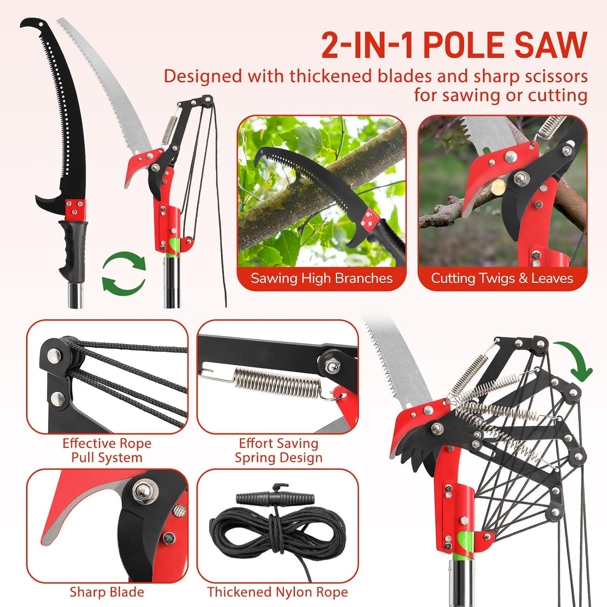 Outvita Manual Pole Saw, 26 Feet Extendable Tree Pruner with Knives and Storage Pocket, Sharp Steel Blade and Scissors High Branches Trimming for Pruning Palms and Shrubs（Orange）