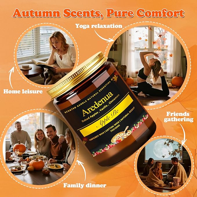 Fall Candle - Apple Pie Candle | Autumn Scented Candles for Home, 7oz Apple Soy Candles for Home Scented, 50 Hours Burn Time, Harvest Holiday/Halloween/Thanksgiving Fall Gifts for Women Men