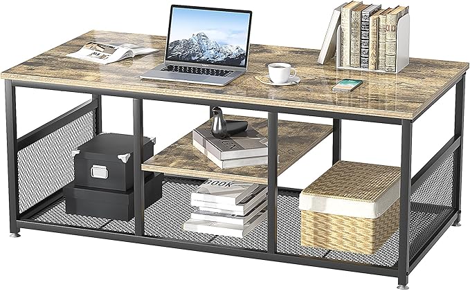 VECELO Coffee Center Table with Storage for Living Room Office Reception, Industrial Mesh Shelf, 39.4 Inch, Grey