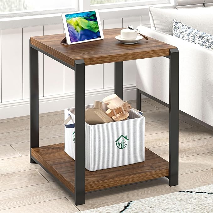 FOLUBAN Modern End Table, Square Side Table with Storage Shelf for Living Room, Rustic Wood Night Stand for Bedroom, Walnut