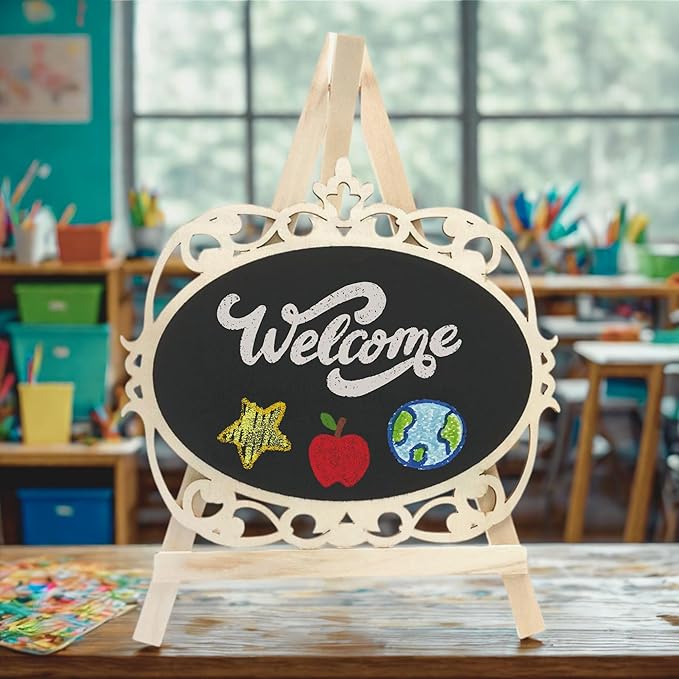 Chalkboard Signs Easel - Oval Shape with Wood Framed Swirly Design, Includes 1 Chalk Stick, Size: 10" x 7" Wooden Blackboard, Perfect for Events and Home Decoration