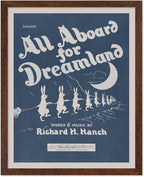 Poster Master All Aboard For Dreamland Poster - Retro Children's Lullaby Print - Story Book Art - Bunny Art - Rabbit Art - Aesthetic Art - Kid's Bedroom or Nursery Wall Decor, 11x14 Brown Framed