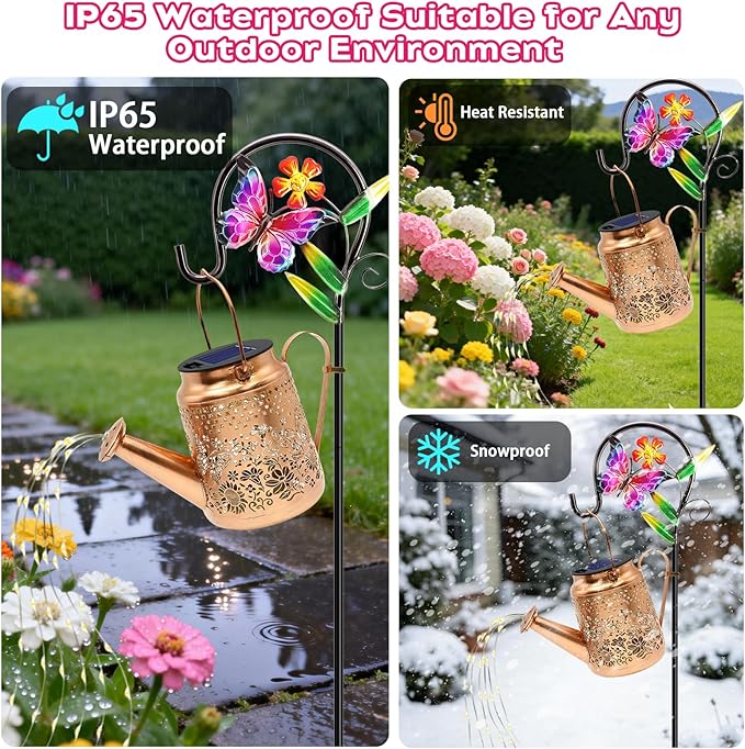 VOOKRY 2 Pack Butterfly Metal Solar Watering Can Lights, Solar Lights Outdoor Waterproof, Gifts for Women Mom Grandma Mother's Day, Hanging Lanterns Decorative Garden Decor for Outside Yard Patio Lawn