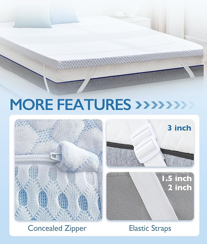 SINWEEK 2 Inch Twin XL Cooling Memory Foam Mattress Topper for Pressure Relief, Thick Bed Mattress Pad with Cooling Soft Cover and Adjustable Straps, CertiPUR-US Certified