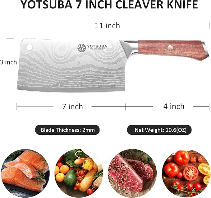 YOTSUBA Cleaver Knife 7 inch Ultra Sharp High Carbon Steel Vegetable Meat Cleaver with Ergonomic Rosewood Handle, Professional Butcher Knives for Home Kitchen and Restaurant with Gift Box