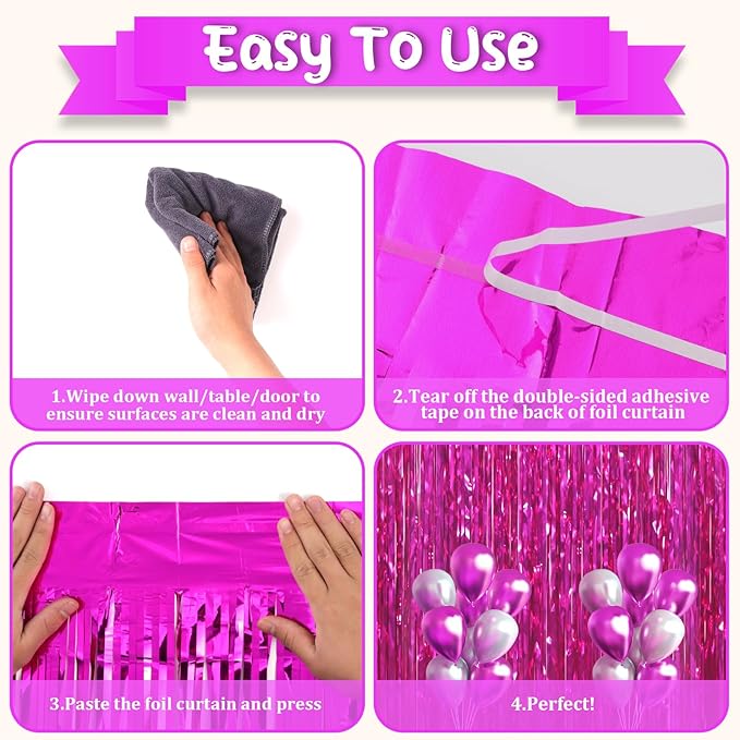 4 Pack Pink Foil Fringe Backdrop Curtains, Tinsel Streamers Birthday Party Decorations, Fringe Backdrop for Graduation, Baby Shower, Gender Reveal, Disco Party