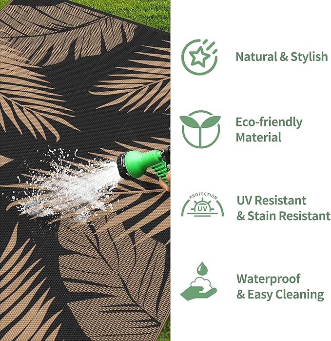 GENIMO Outdoor Rug 2.5' x 8' Waterproof for Patios Clearance, Reversible Outdoor Plastic Straw Camping Rug Carpet, Large Area Rugs Mats for RV, Camper, Deck, Balcony, Porch, Beach, Picnic, Black&Brown