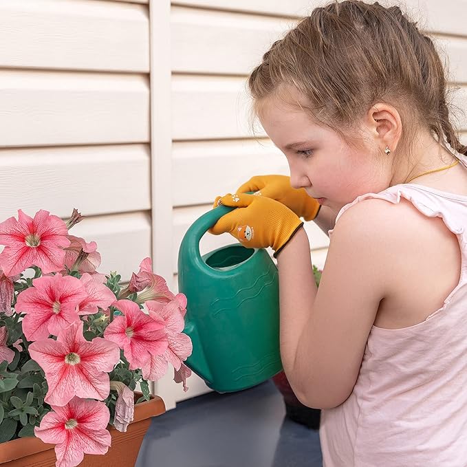 COOLJOB Breathable Toddler Work Gloves for Gardening Boy Girl Ages 2-4 Small, Nylon Kids Garden Gloves with Grip, Children Yard Gloves for Digging Weeding Landscaping, Green & Orange, 2 Pairs
