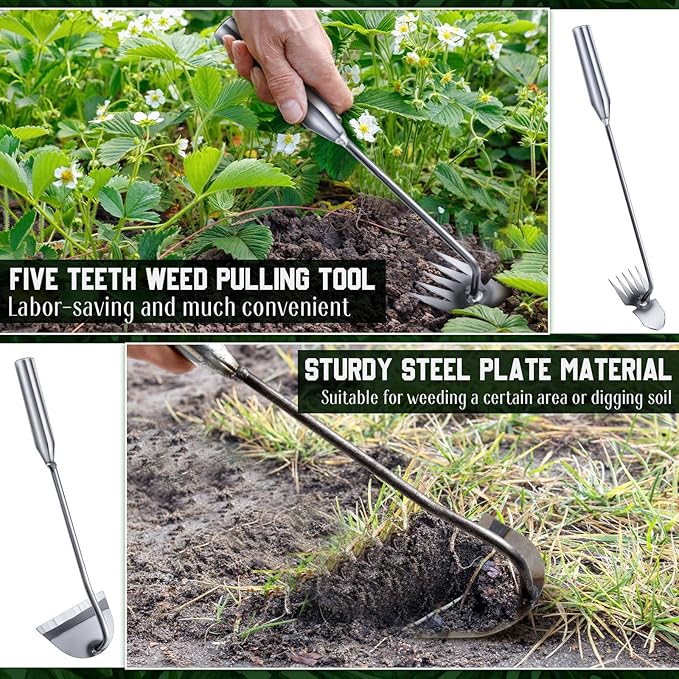 Yungyan 5 Pcs Weed Puller Set Include Hori Weeding Knife Uprooting Crack Weeder Puller Tool 5 Teeth Weeding Tool L Shape Gardening Crack Sickle Tool Hoe for Garden Lawn Grass Moss Removal Backyard