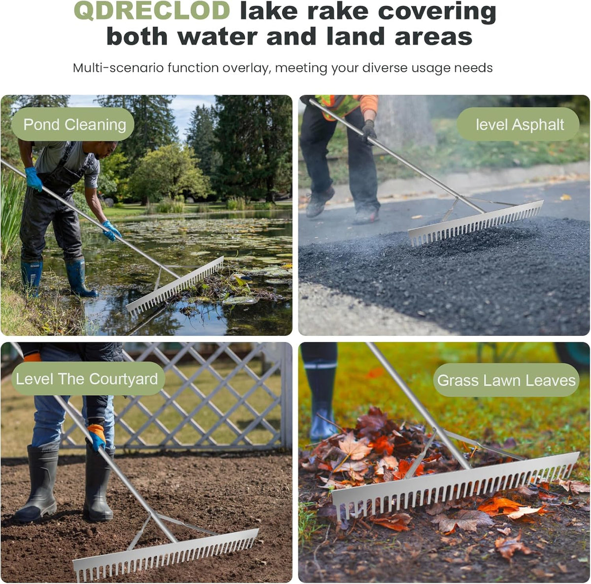 Landscape Rake, 36" Aluminum Heavy Duty Lake Weed Rake, Multifunctional Detachable Aquatic with 102'' Extension Handle & 20Ft Rope, for Weed Algae Removal Loosening Soil Lawn Garden Care