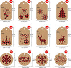 LOKIPA 120 Pieces Christmas Kraft Paper Gift Tags Hang Labels with Red and Black Plaid Snowflake Christmas Tree Elk Patterns and 230 Feet Twine Rope for Christmas