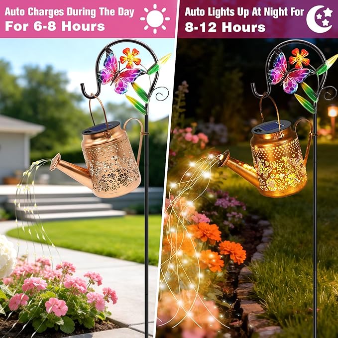 VOOKRY 2 Pack Butterfly Metal Solar Watering Can Lights, Solar Lights Outdoor Waterproof, Gifts for Women Mom Grandma Mother's Day, Hanging Lanterns Decorative Garden Decor for Outside Yard Patio Lawn