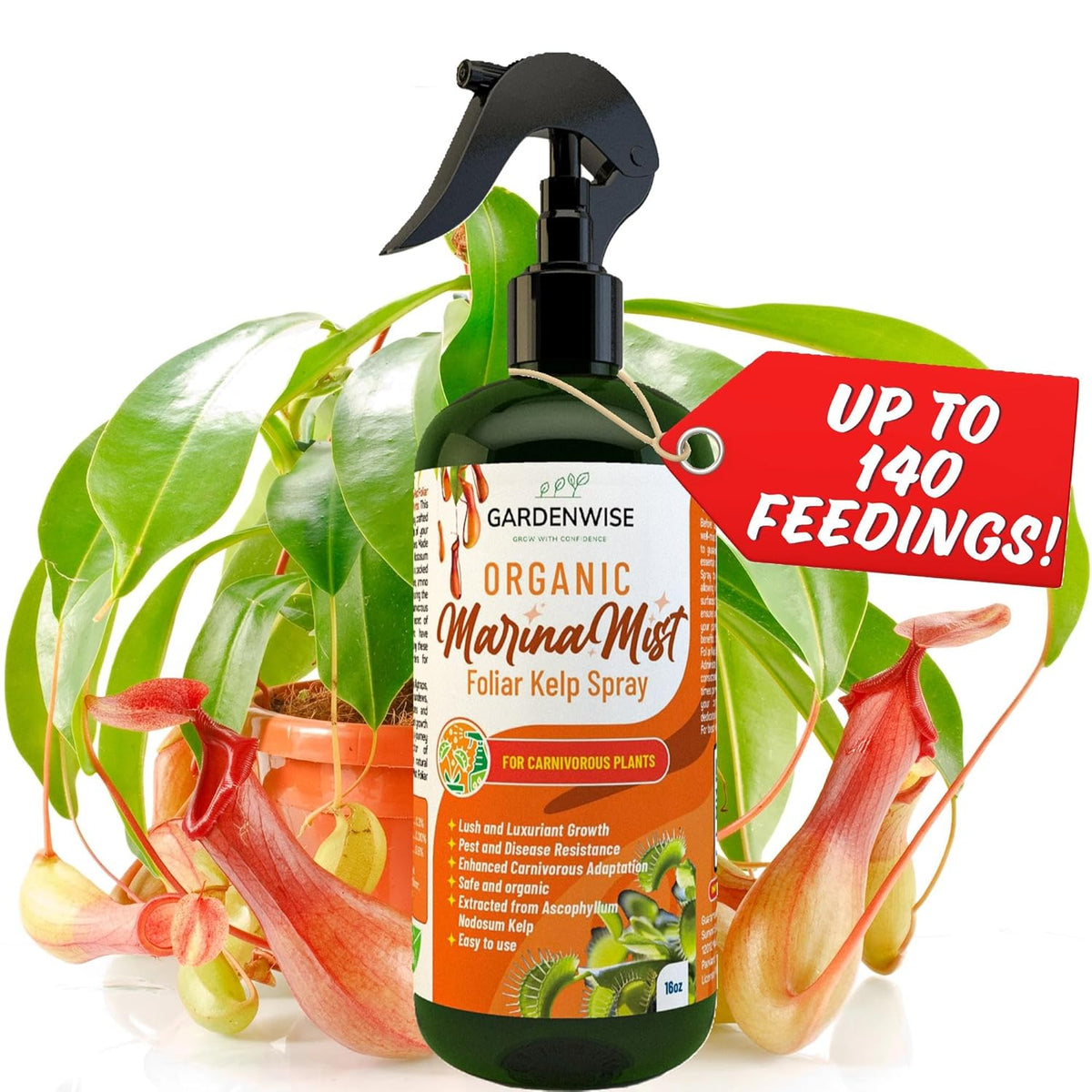 100% Organic Marina Mist Carnivorous Plant Food | Liquid Kelp Foliar Spray for Plants - Kelp Fertilizer for Venus Flytraps, Sundew, Butterworts, Pitcher Plants 16 Oz