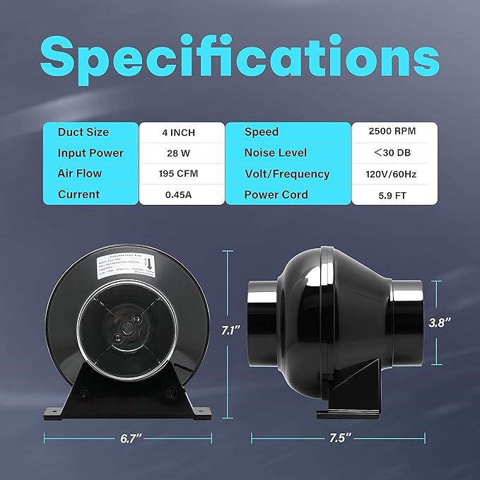 iPower 4 Inch Upgrade Inline Duct Ventilation Fan with 8 Feet Ducting, 195 CFM Exhaust Blower for Grow Tent and Basements, 2 Clamps Included, Black