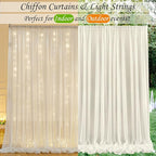 10ft x 10ft Ivory Chiffon Backdrop Curtain with Lights String for Parites Wedding Wrinkle Free Curtain Photo Backdrops Drapes for Baby Shower Birthday Party Home Decorations