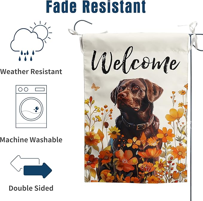 Floral Chocolate Lab Garden Flag Fall Yard Flag Wildflower Labrador Dog Garden Flags Orange Autumn Lawn Flags Welcome Thanksgiving Outdoor Flags for Outside 12x18 Double Sided Small