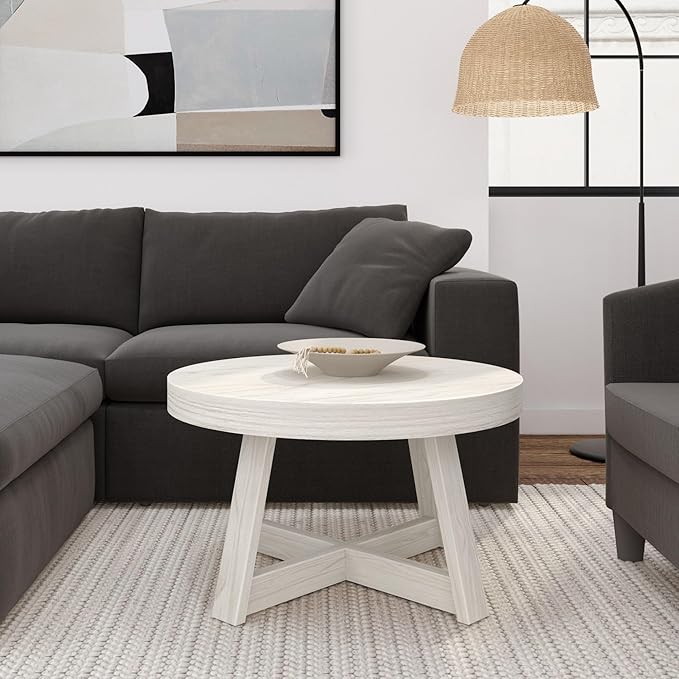 Plank+Beam Classic Round Coffee Table, 30 Inch Farmhouse Coffee Table, Mini Center Tables for Small Spaces, Small Living Space Tea Table, White Sand Wirebrush