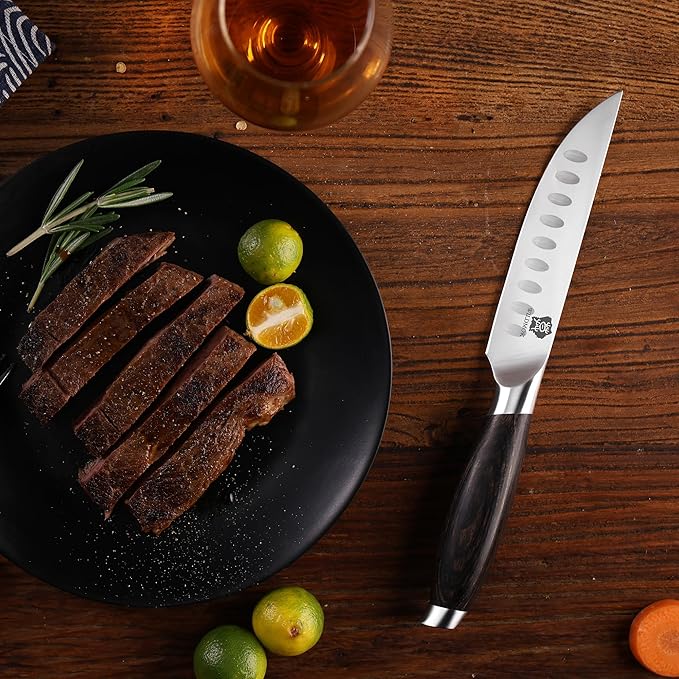WILDMOK 5 Inch Steak Knives Set of 4, Ultra Sharp Steak Knives Kitchen Knives Set, German Stainless Steel Steak Knife Set Black Pakkawood Handle with Gift Box