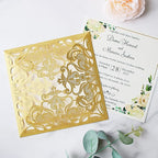 Hosmsua 6.3 x 6.3 Inch 50PCS Gold Glitter Laser Cut Wedding invitation Cards with Envelopes Hollow Lace Rose Invitation for Engagement Wedding Bridal Shower Invite (Gold Glitter)
