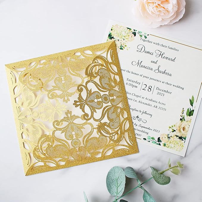 Hosmsua 6.3 x 6.3 Inch 50PCS Gold Glitter Laser Cut Wedding invitation Cards with Envelopes Hollow Lace Rose Invitation for Engagement Wedding Bridal Shower Invite (Gold Glitter)