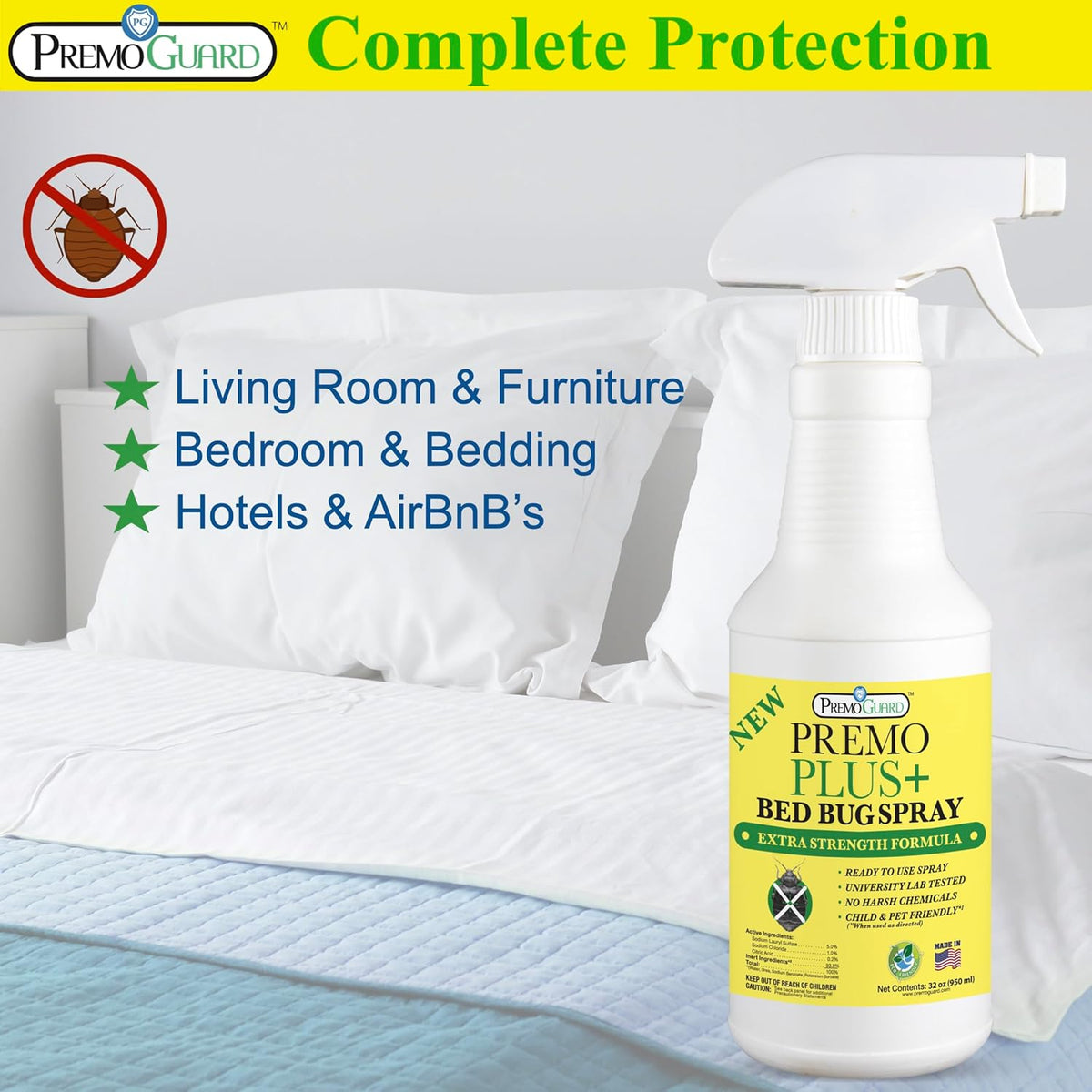 Premo Plus+ Bed Bug Spray Extra Strength – 32 oz – Fast Acting Bed Bug Treatment & Killer – Stain & Scent Free – Child & Pet Safe – Powerful New Stronger Formula – Natural with No Harmful Chemicals