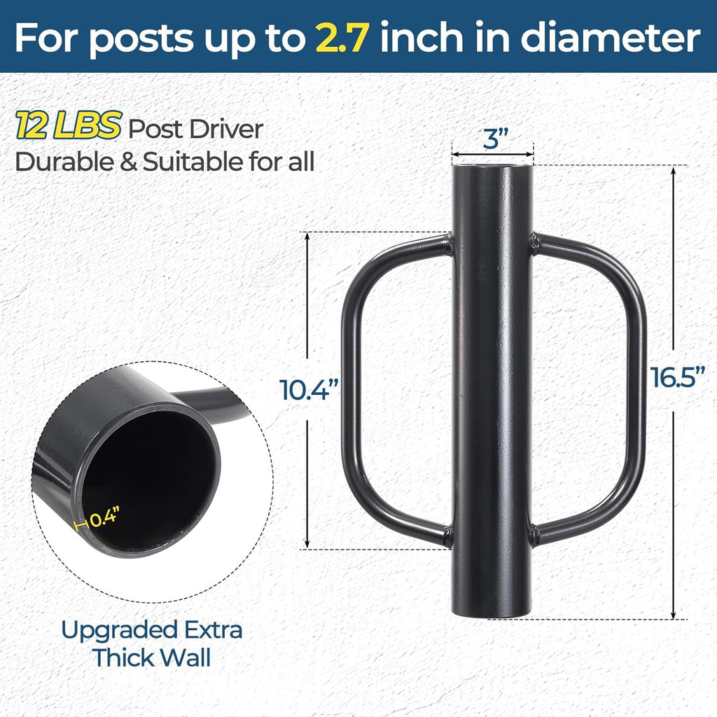 Fence Post Driver, 12LBS Fence Post Driver with Handle, 2.7 inch Inner Diameter Hand Post Pounder, Heavy Duty T Post Rammer Driver Tool for Wooden Post U Channel Fence Post Metal Post, Black 17 Inch