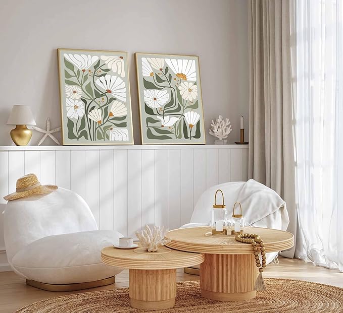 2 Pcs Boho Wildflowers Canvas Wall Art Green Bohemia Abstract Floral Botanical Painting Picture Wall Decor Poster Print Artwork for Living Room Bedroom Bathroom Home Decoration Unframed