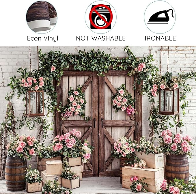 10x8ft Country Wedding Photography Backdrop Floral Rustic Roses Farmhouse Wooden Door Backdrop Pink Flower Birthday Baby Shower Wedding Bridal Party Banner Photo Booth Props Anniversary Background
