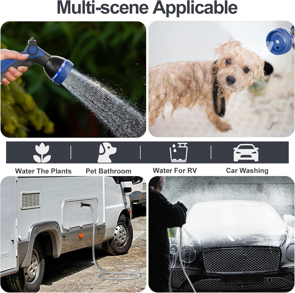 SPECILITE 125ft 304 Stainless Steel Garden Hose Metal, Heavy Duty Water Pipe with Nozzles for Yard, Outdoor - Flexible, Never Kink & Tangle, Puncture Resistant (Sliver)