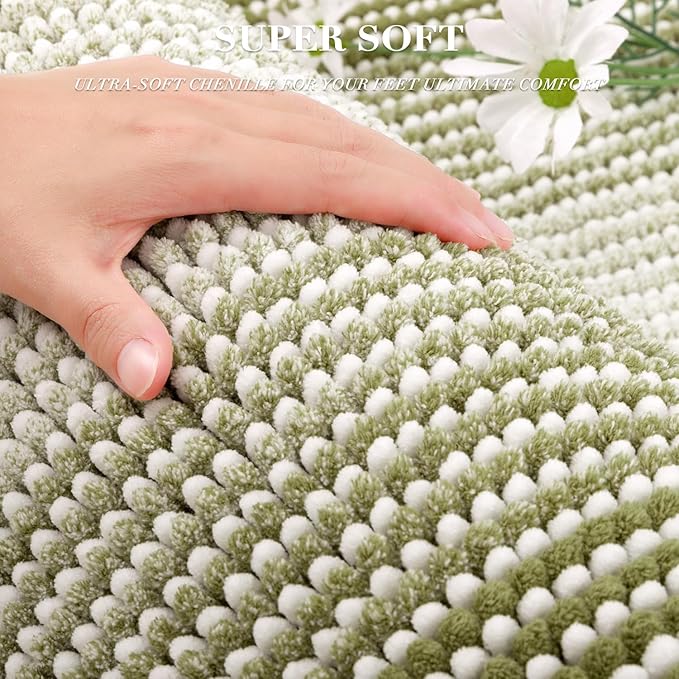 Bathroom Rugs and Mats Sets, 2 Piece Thick Absorbent Chenille Bath Mat Rug Set Non Slip, Soft Shaggy Bath Room Floor Mats for Bathroom, Machine Washable (Linden Green, 20" x 32" Plus 16" x 24")