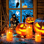 NURADA Flameless Candles with Remote Timers: Built-in Star String Lights 3D Wick Battery Operated Flickering LED Electric Candles for Halloween Thanksgiving Dinner Tables Fall Home Decor Orange 3 Pack