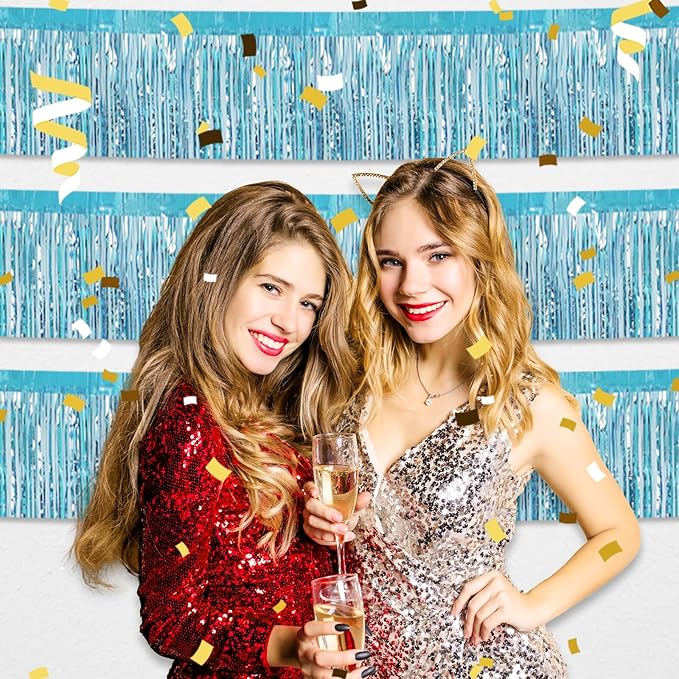 3 Pack 10 Feet Light Blue Metallic Foil Fringe Garland Wall Hanging Tassle Banner, Mother's Day, Easter, Parade Floats, Birthday, Theme Party, Wedding Party Decorations