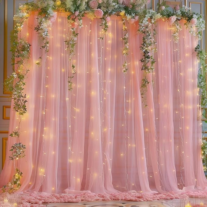 20×10ft Dusty Rose Tulle Backdrop Curtain with Lights String for Parties, Sheer Curtain Backdrop Drapes for Wedding Party Home Decorations