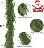 5FT Bendable Christmas Garlands Norfolk Pine Garland Real Touch, Artificial Greenery Garland for Fireplace, Mantle, Table, Stairs, Indoor Outdoor Christmas Decoration(1PCS)