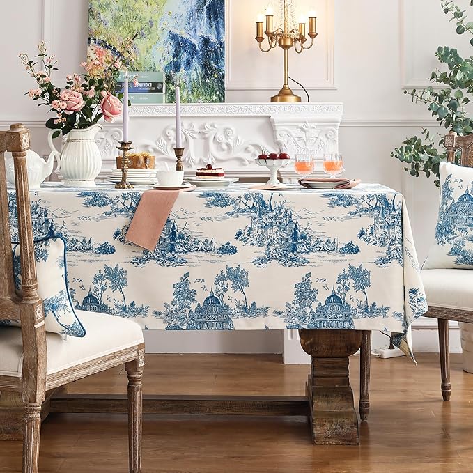 patdrea Designer Vintage Cyan Tablecloth for Rectangle Table,Linen Ancient Castle and Manor Pattern Tablecloths,Table Cover Decor for Kitchen Dining Christmas,Thanksgiving,63"x87"-Lucerne a