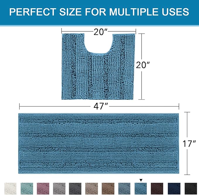 H.VERSAILTEX Bathroom Rugs Bath Rug Set 2 Piece Bathroom Contour Rug Toilet Mat Sets Non Slip Contour Bath Rug Ultra Thick Water Absorbent Striped Bath Mats(47" x 17" Plus 20" x 20" U, Turquoise Blue)