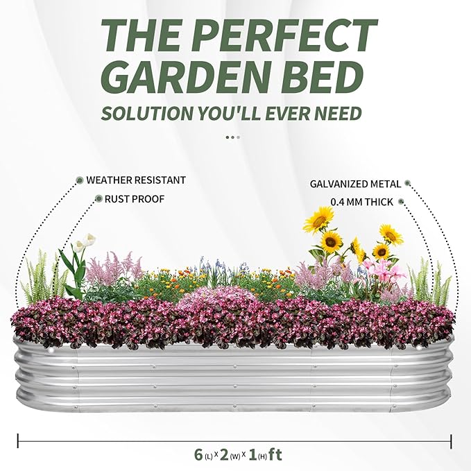 1MORE Galvanized Raised Garden Bed- Planter Garden Boxes Outdoor, Raised Beds for Gardening, 6x2x1ft Metal Garden Bed Kit for Vegetables Flower, Planter Raised Beds with Protective Tape & Tools.Silver