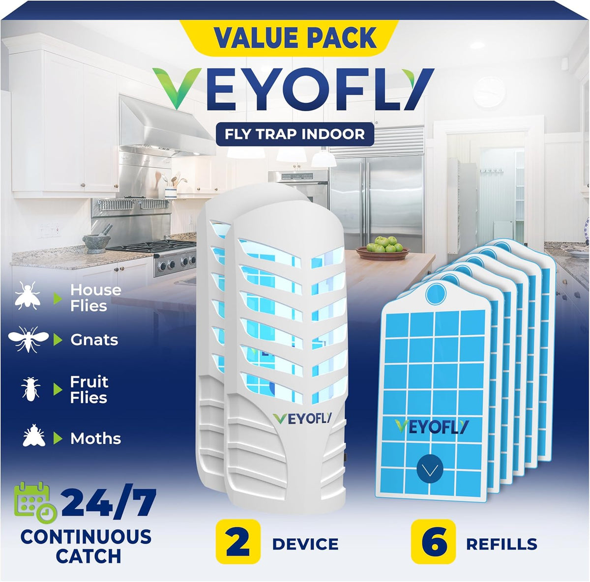 VEYOFLY Fruit Fly Traps for Indoors, Fly Trap Indoor, (2 Device + 6 Refills) Fly Catcher Indoor, Gnat Traps for House Indoor, Fly Trap, Plug in Light Flying Insect Trap, Bug Killer