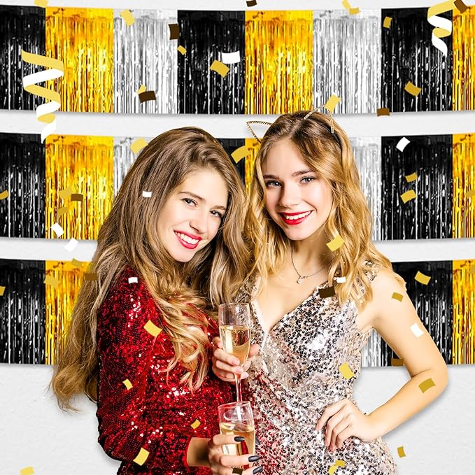 3 Pack 10 Feet Black Gold Silver Foil Fringe Garland Metallic Tinsel Streamers Banner Wall Hanging Curtain Backdrop for Parade Floats Christmas, Valentine's, Thanksgiving, Birthday Party Decorations