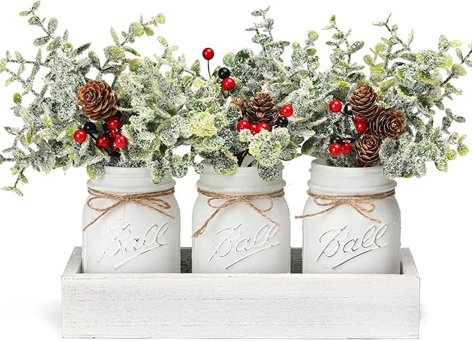 Christmas Mason Jars, Set of 3 White Painted Jars with Artificial Pine and Berries in Wood Tray, Christmas Centerpieces for Dining Table, Winter Home Decor